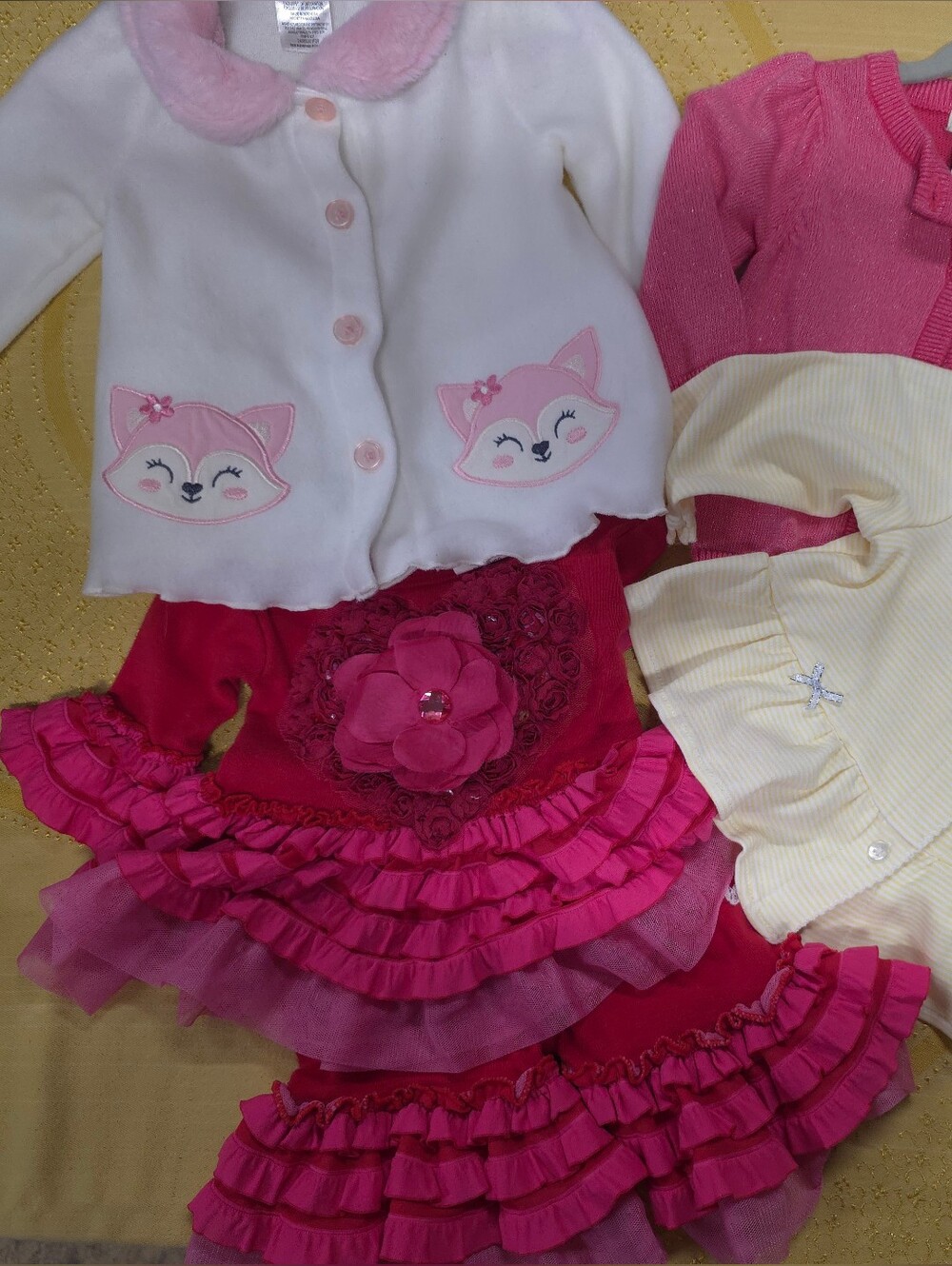 Pink Ruffle 2piece, Cardigans - Pink & Cream fox jacket